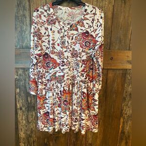 Peruvian Connection Sz M Rust White Multicolor Print BOHO Long Sleeve Dress